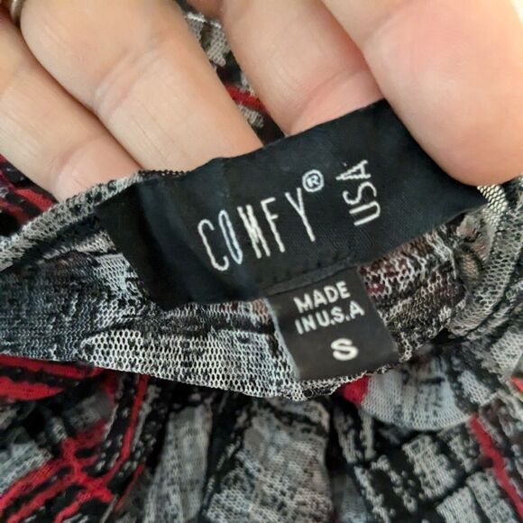 Mesh Top S Red Black Y2K Vintage Whimsigoth Comfy Loose Sheer Plaid Sleeve - Picture 8 of 9